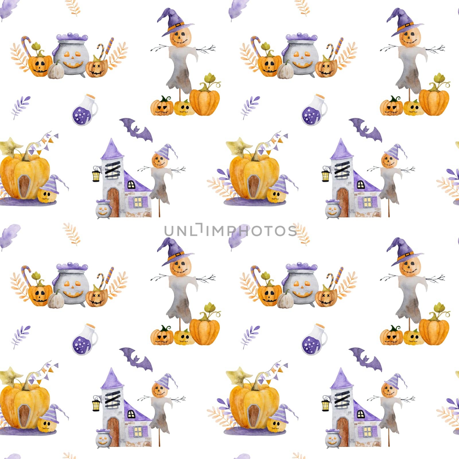 Halloween pumpkin with traditional lollipops, bat and witch hat watercolor painting seamless pattern. Creepy autumn holiday drawing for trick and treat night