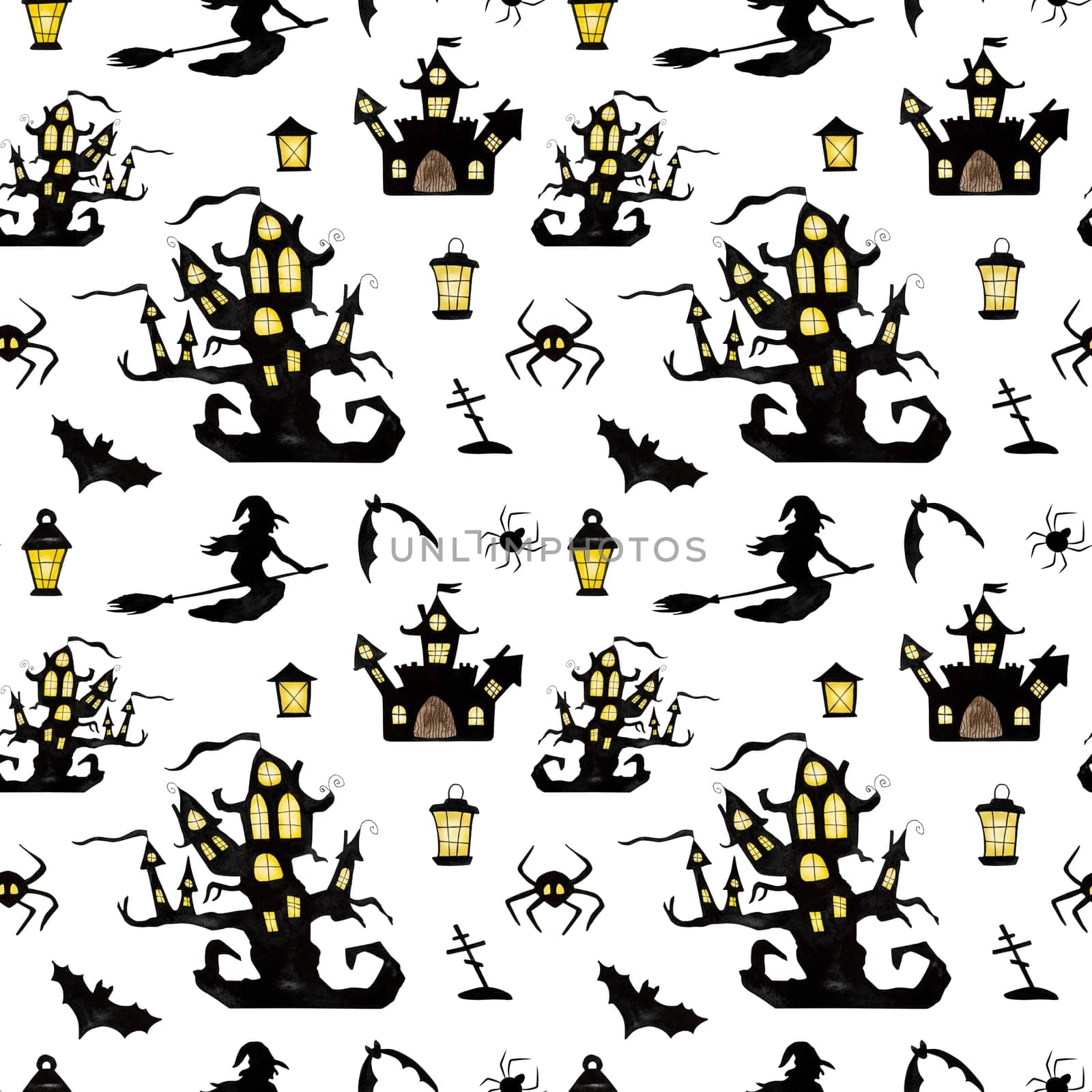 Halloween tree house with ghosts, bats and witches watercolor art seamless pattern. Creepy autumn holiday drawing