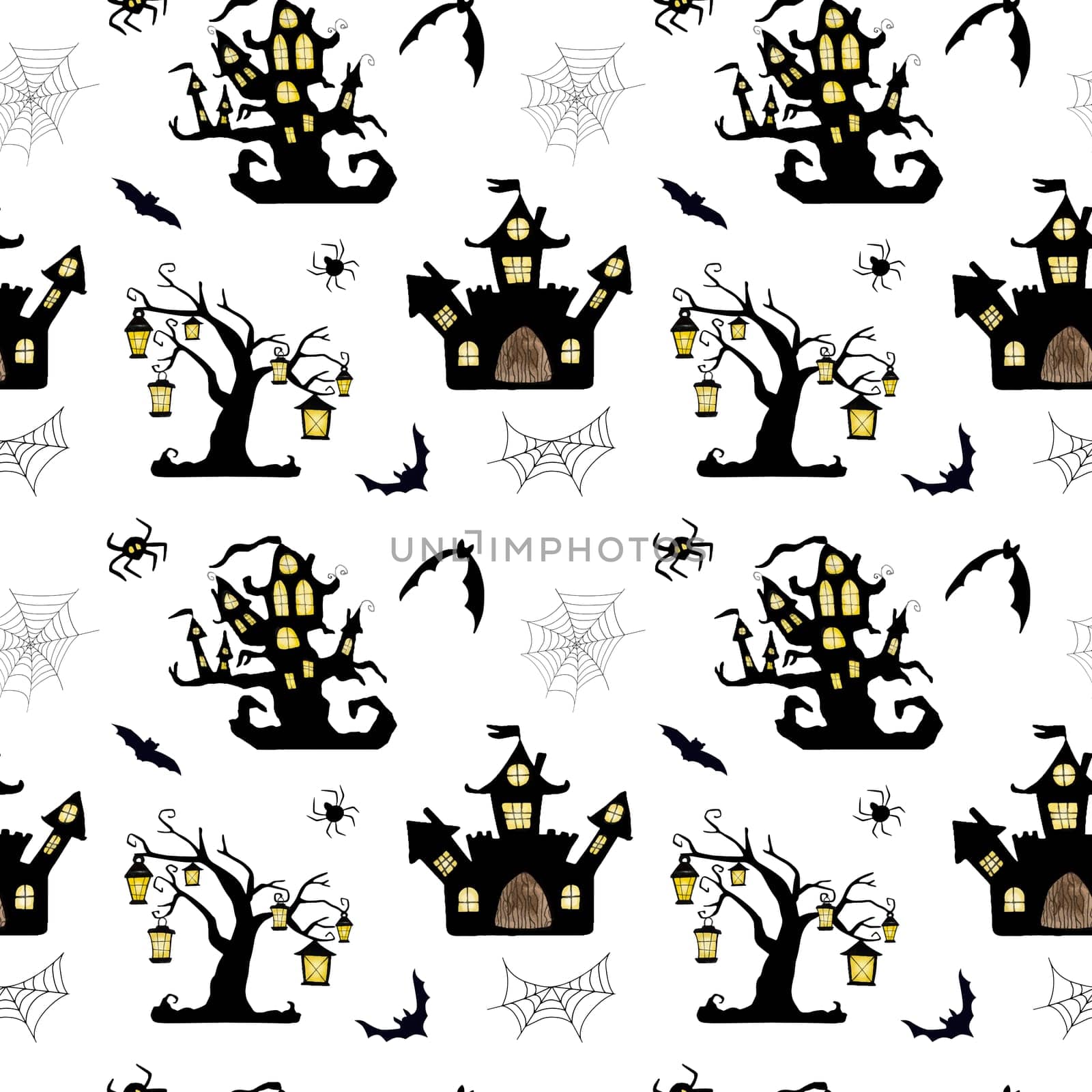 Halloween watercolor seamless pattern wih ghosts and bats on white background. Autumn october scary holiday decoration