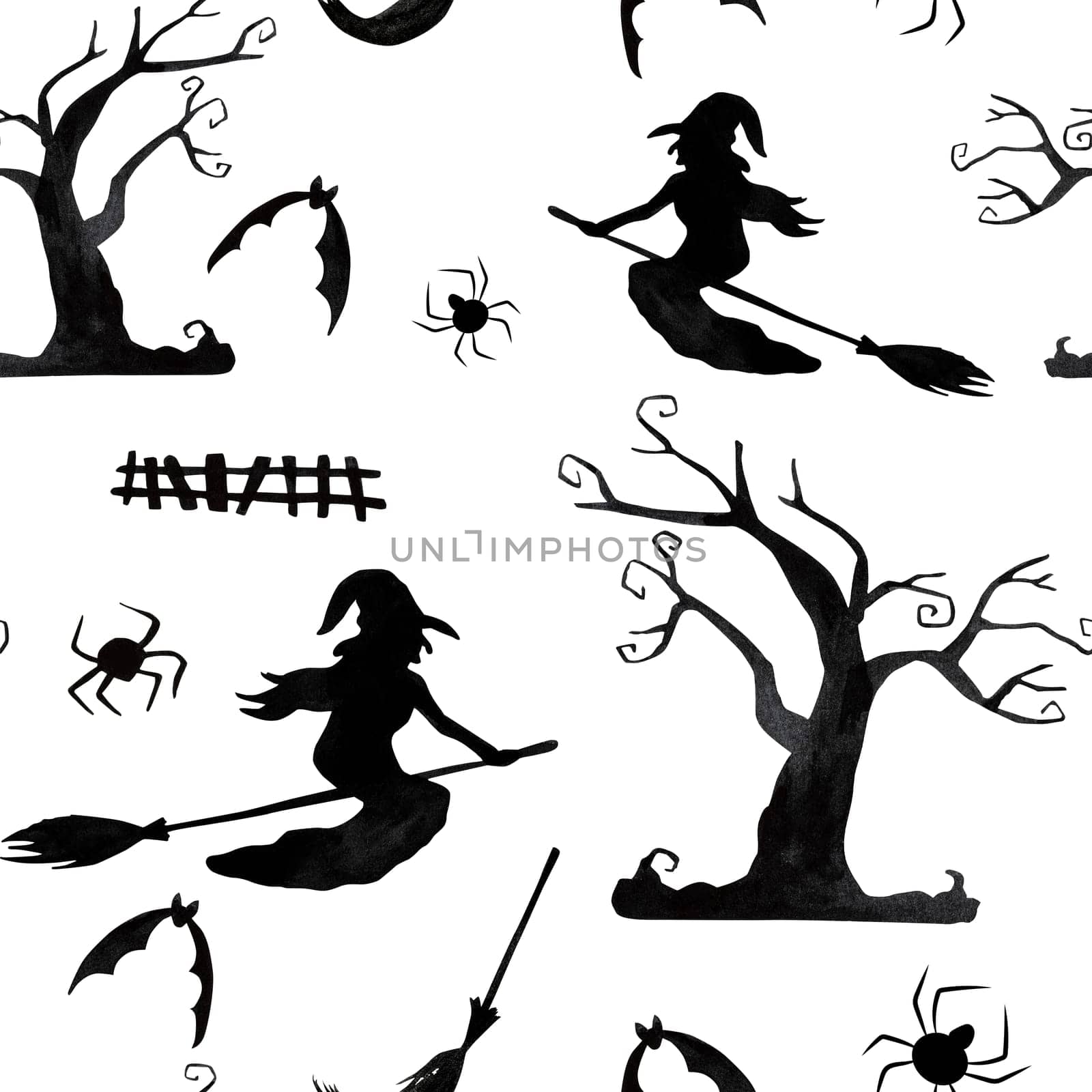 Halloween creepy tree and witch on broom with spiders watercolor illustration seamless pattern. Horror autumn holiday drawing