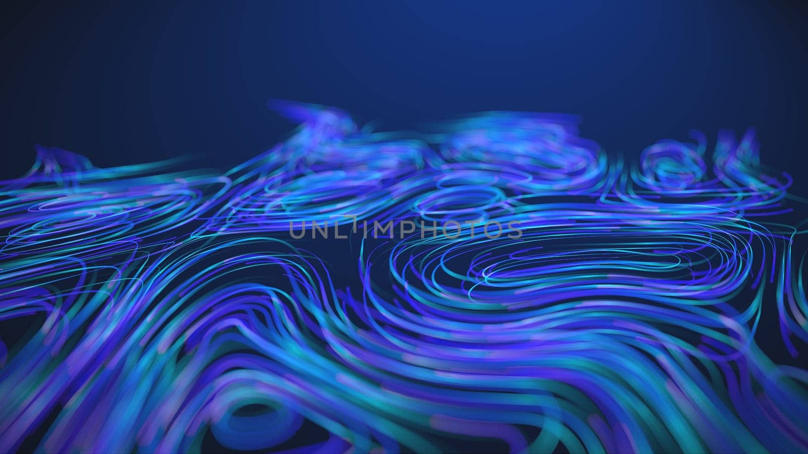 An abstract and dynamic digital composition showcases glowing lines in shades of blue and purple, symbolizing flowing data streams, futuristic networks, and technological motion.