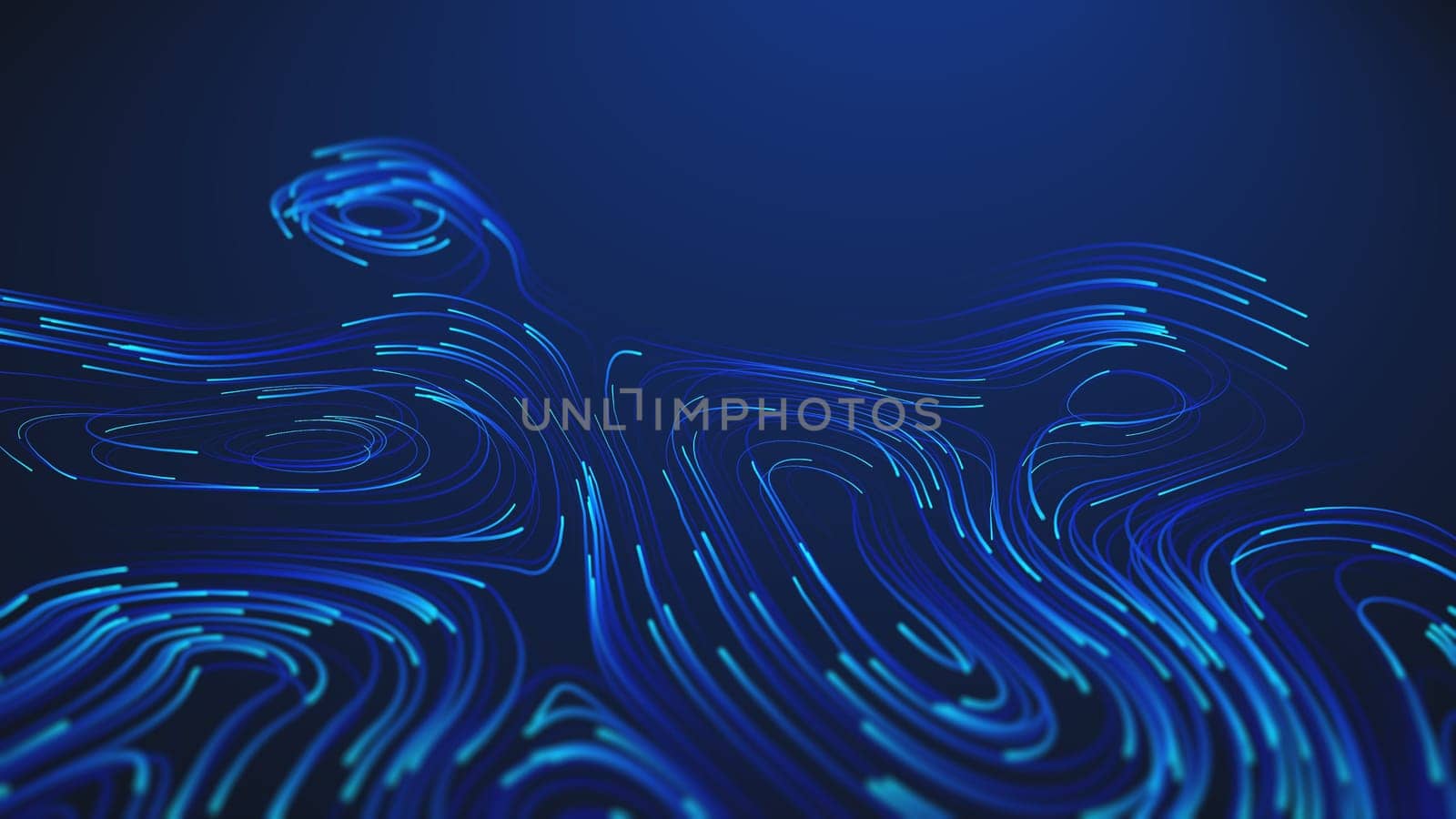 This futuristic digital artwork features glowing blue neon lines arranged in smooth, flowing patterns. The dark background emphasizes the structure, representing data motion and energy.