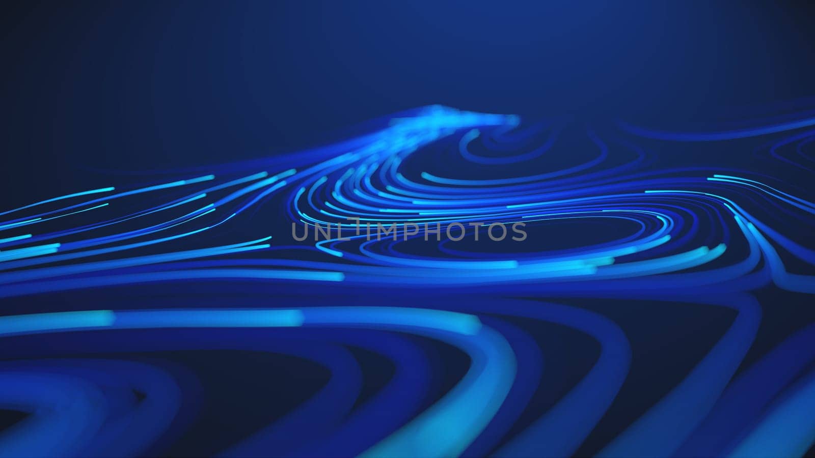 A mesmerizing representation of data flow features glowing blue curved lines resembling waves or streams. The dark background enhances the neon effect, symbolizing futuristic data processing.