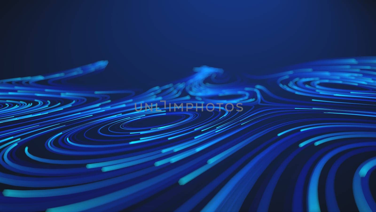 Flowing neon blue lines form abstract data streams against a dark background, creating a futuristic technological visualization representing digital information and processing.