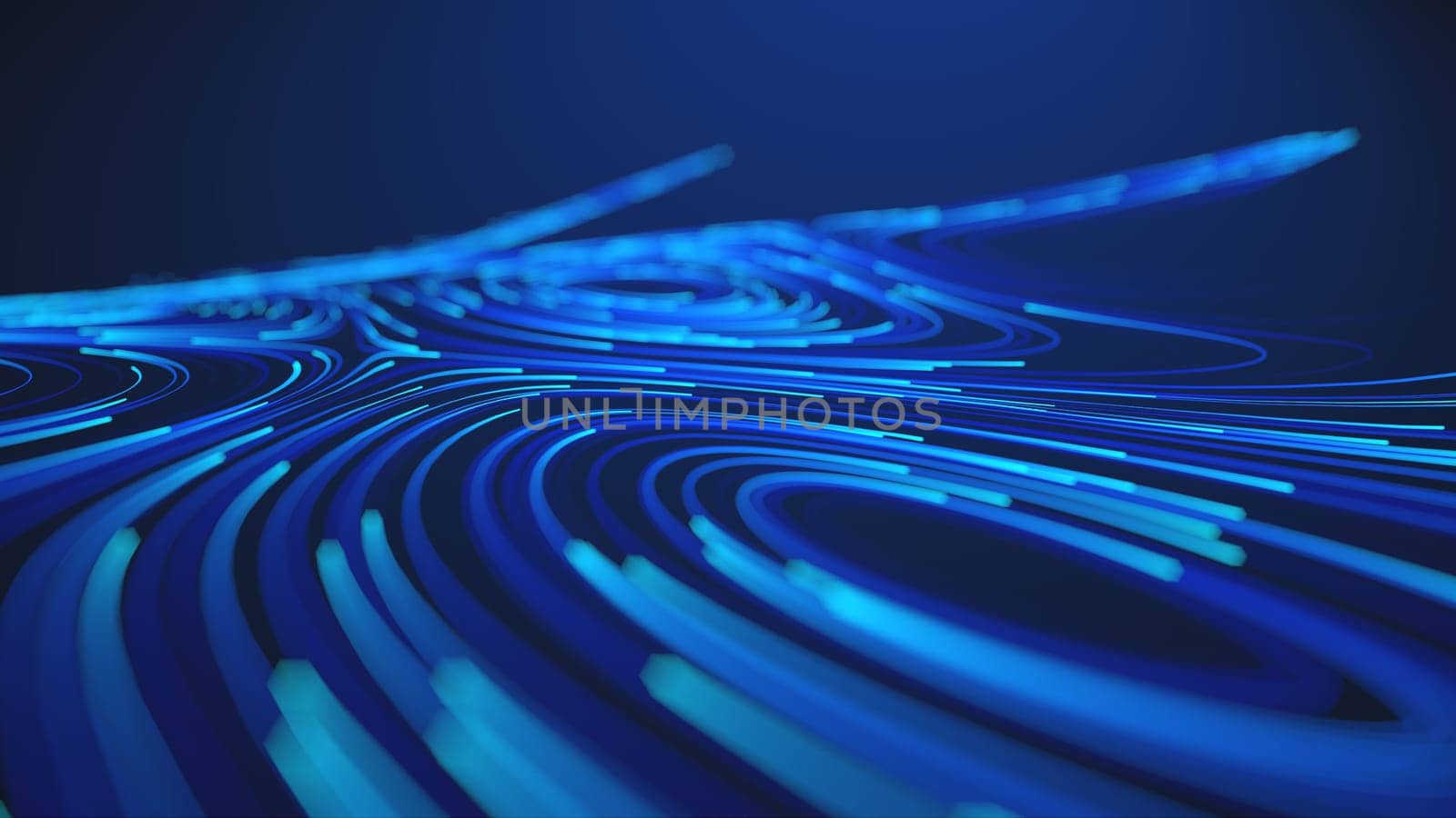 A visually stunning image featuring glowing blue lines creating abstract curved flow patterns. The futuristic theme represents digital data streams and technological motion.