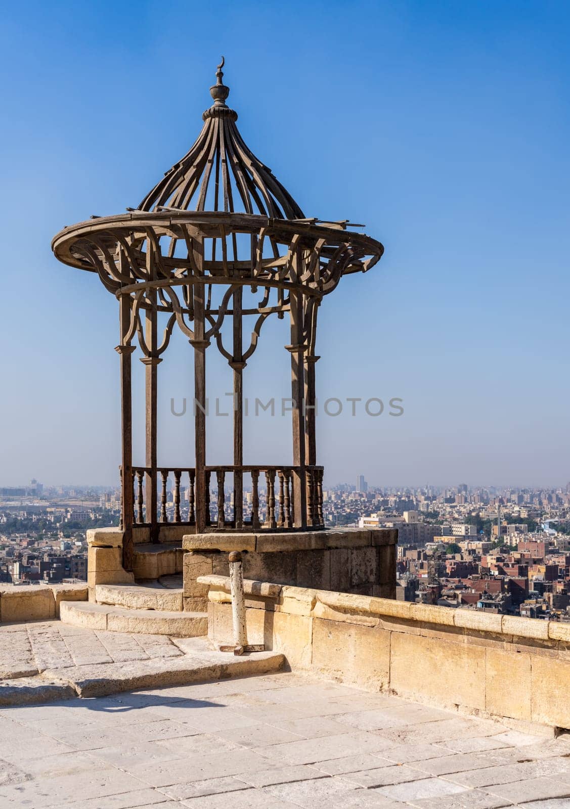 Ornate overlook at Alabaster Mosque or Mosque of Muhammad Ali Pasha in the Saladin Citadel in Cairo Egypt