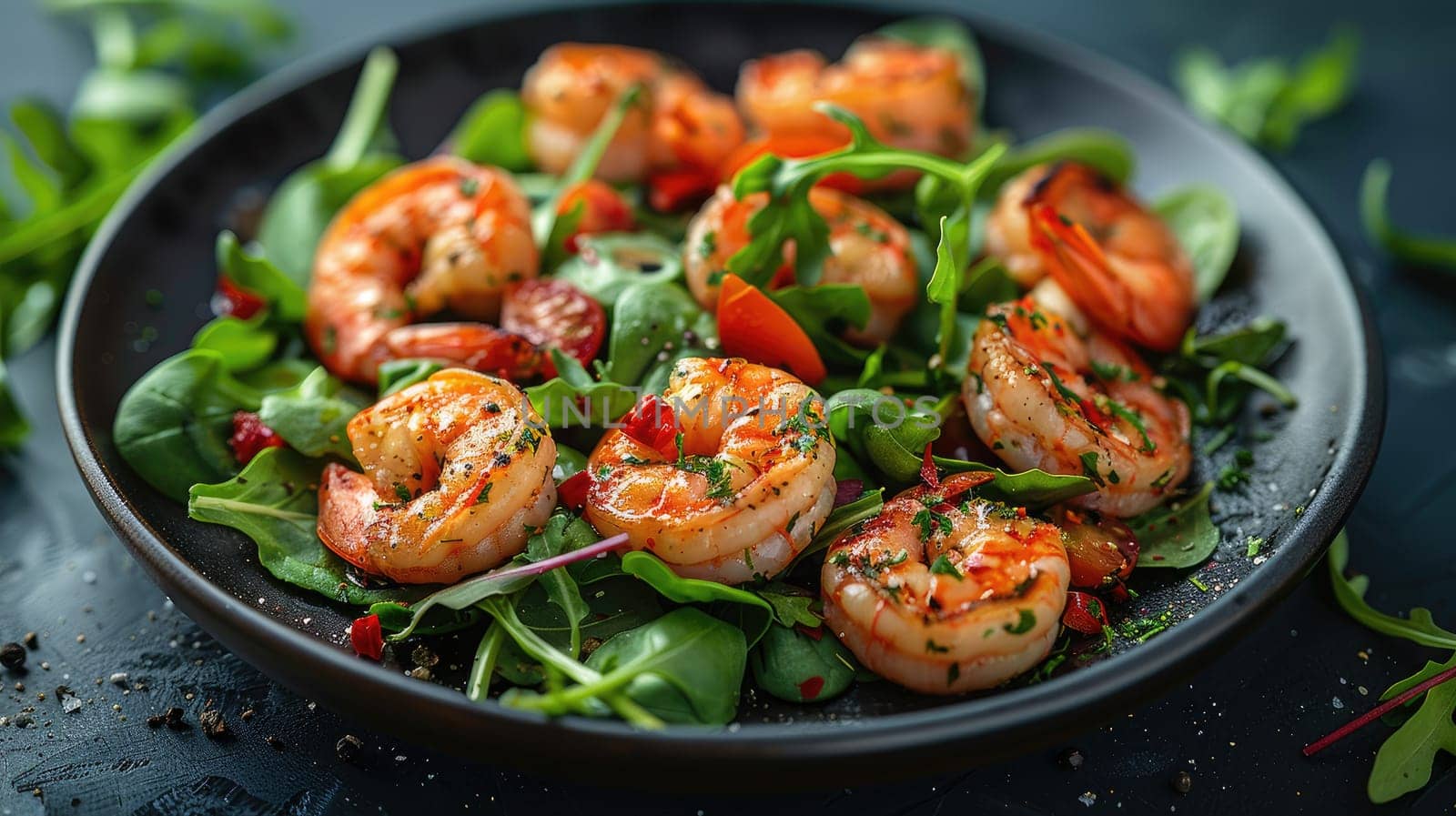 A vibrant salad features grilled shrimp on a bed of fresh greens, including arugula and spinach, garnished with cherry tomatoes. The dish is presented on a dark plate, enhancing its fresh appeal.