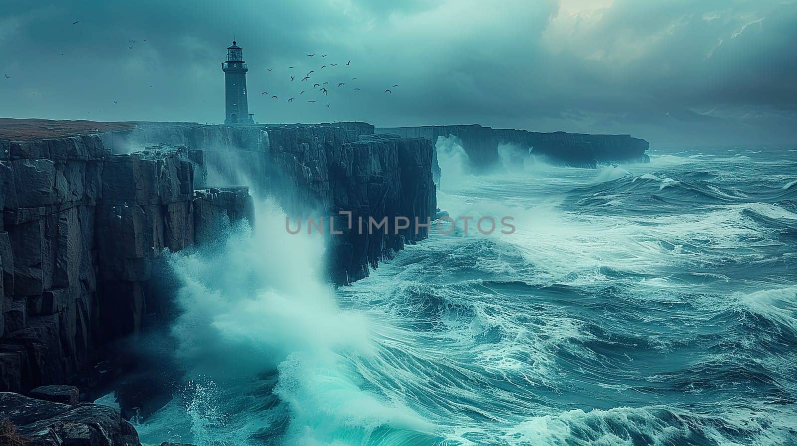 Dark clouds gather over a rugged coastline as strong waves crash against towering cliffs. A solitary lighthouse stands watch amid turbulent waters, creating a captivating yet foreboding atmosphere.