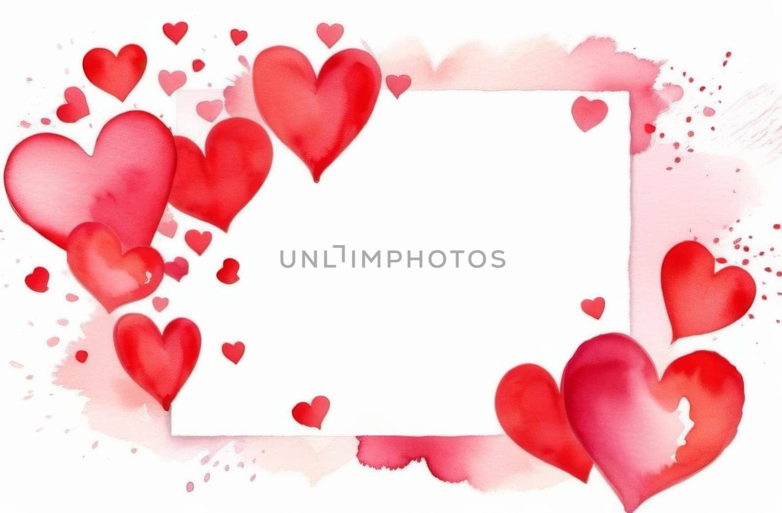 White frame with red hearts around the edges valentine day greeting card. Watercolor