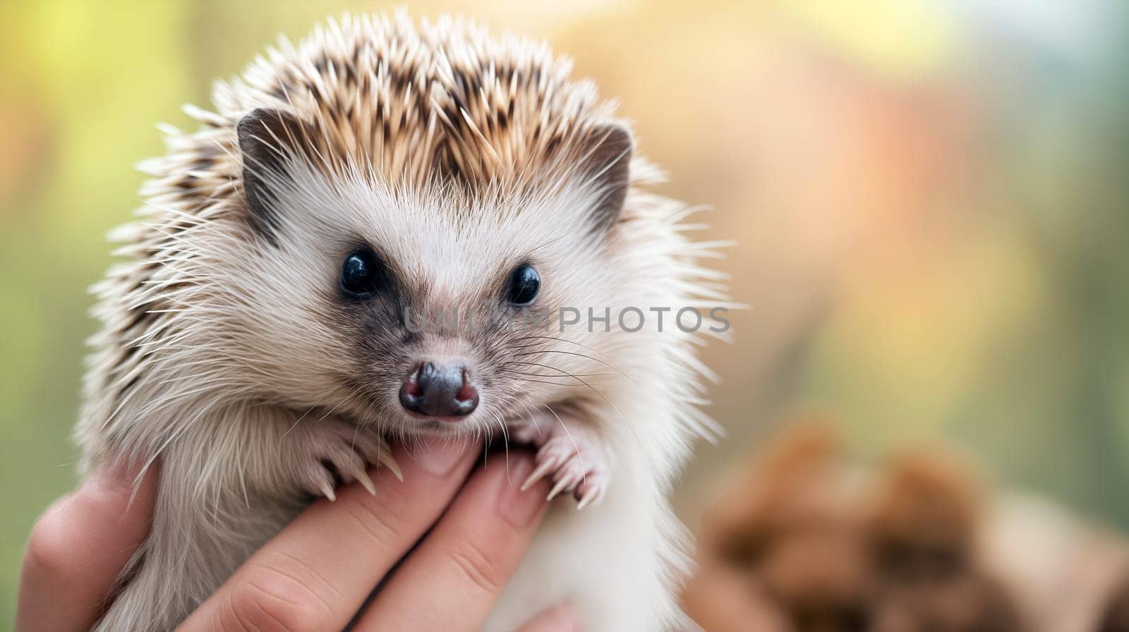 A hedgehog is being held in a person's hand outdoors, surrounded by a softly blurred background featuring natural elements in daylight - Generative AI