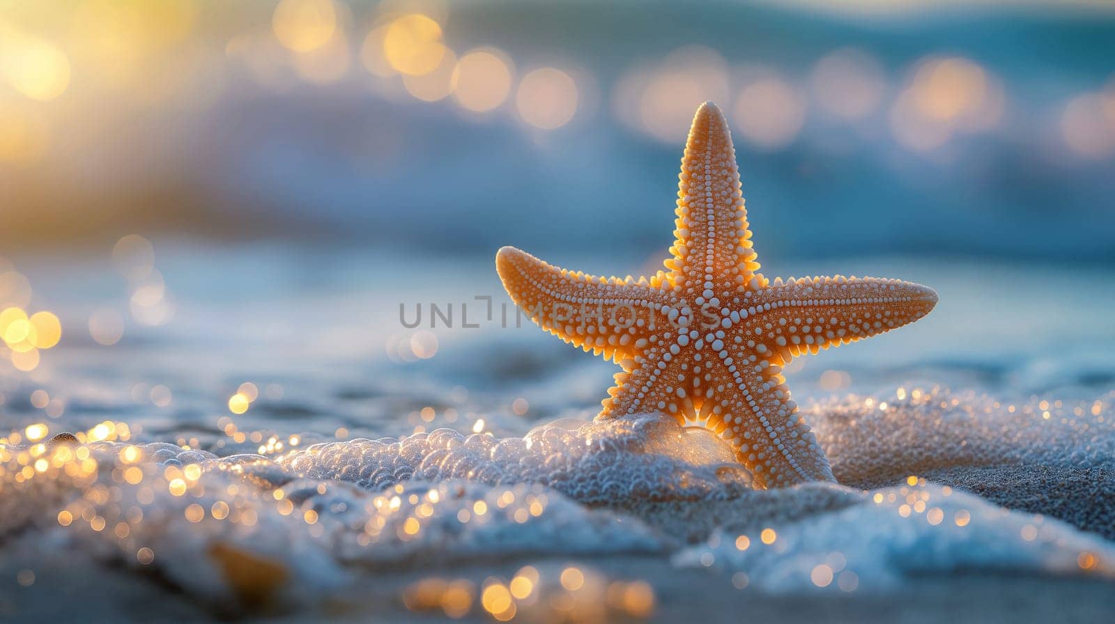 A starfish is perched on wet sand while gentle ocean waves lap at it during a beautiful sunset, creating a serene coastal atmosphere - Generative AI