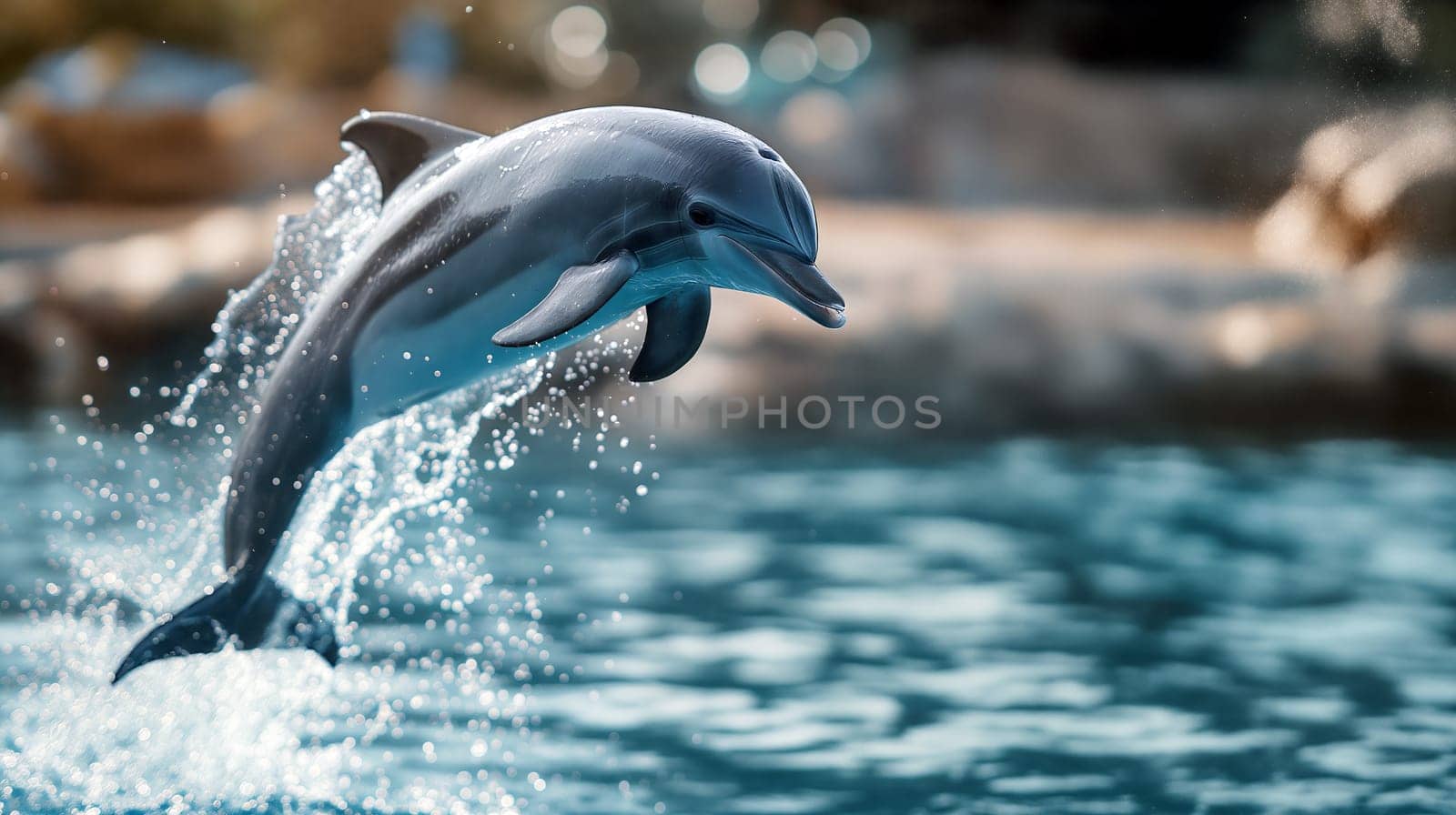 A dolphin jumps gracefully above the shimmering water in an ocean park, showcasing its agility and playful nature under the sun - Generative AI