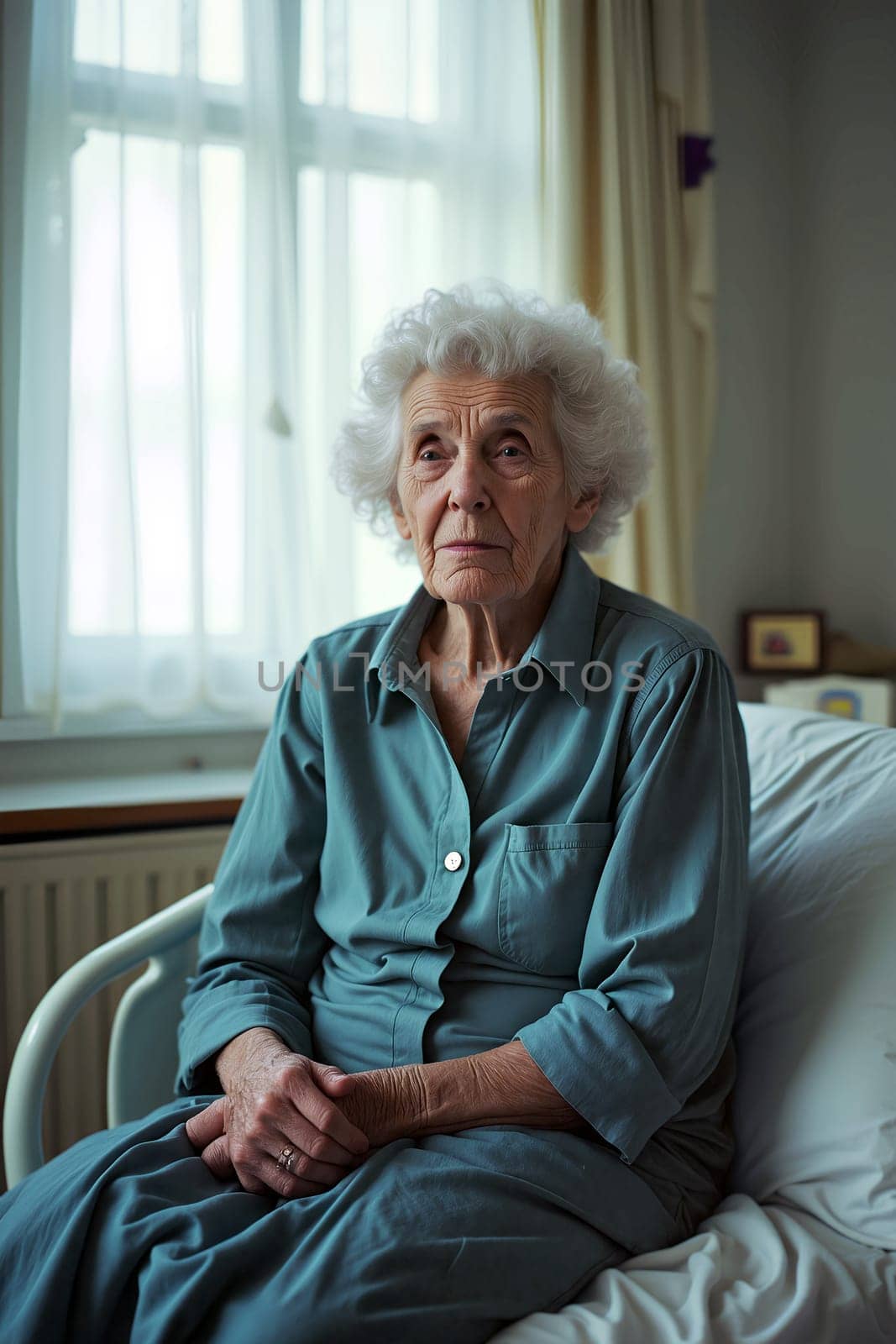An elderly woman sits in a hospital room, dressed in a teal gown, with sunlight streaming through the window as she reflects quietly - Generative AI