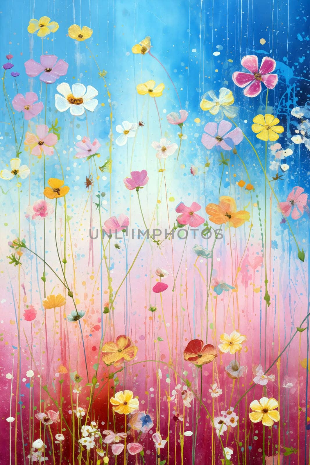 Bright and cheerful flowers bloom against a serene blue backdrop, showcasing various colors and shapes that enhance any space - Generative AI