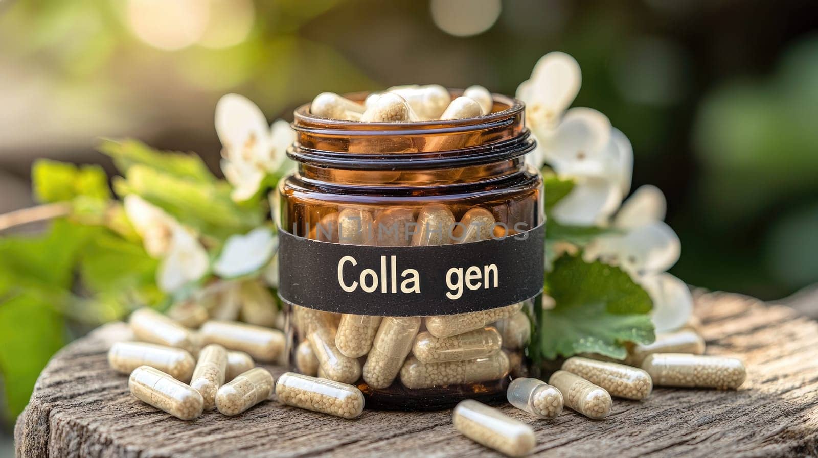 collagen pills on the table. Selective focus.