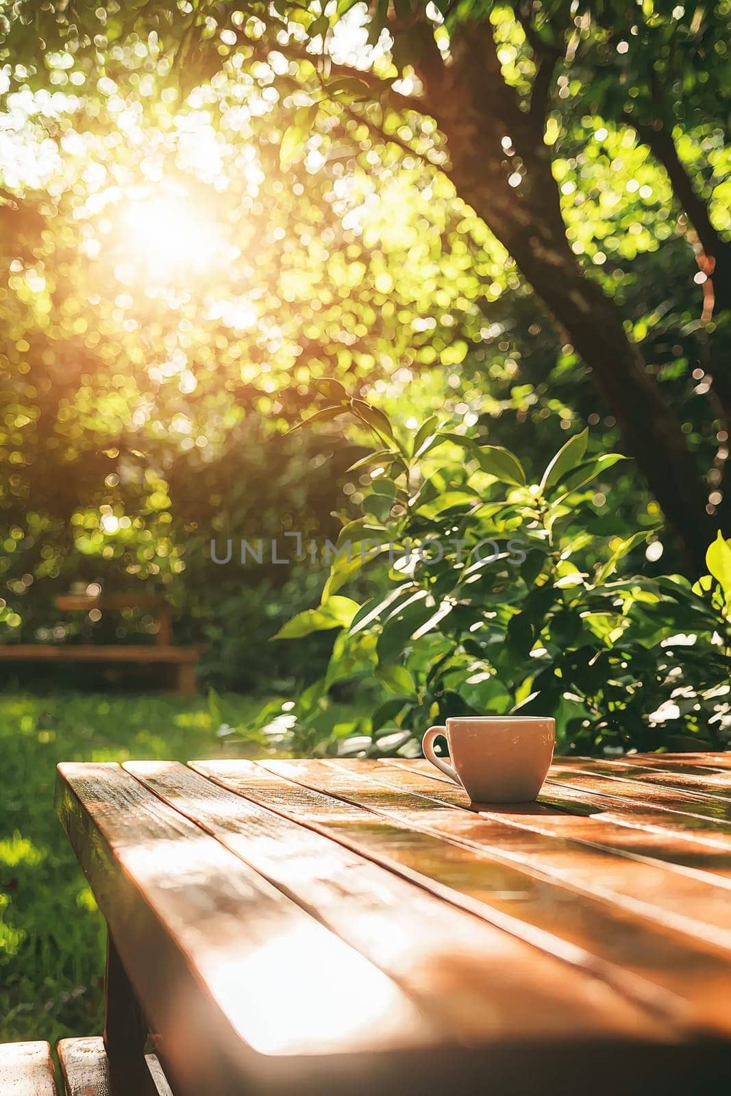 cup on the table in the garden. selective focus.