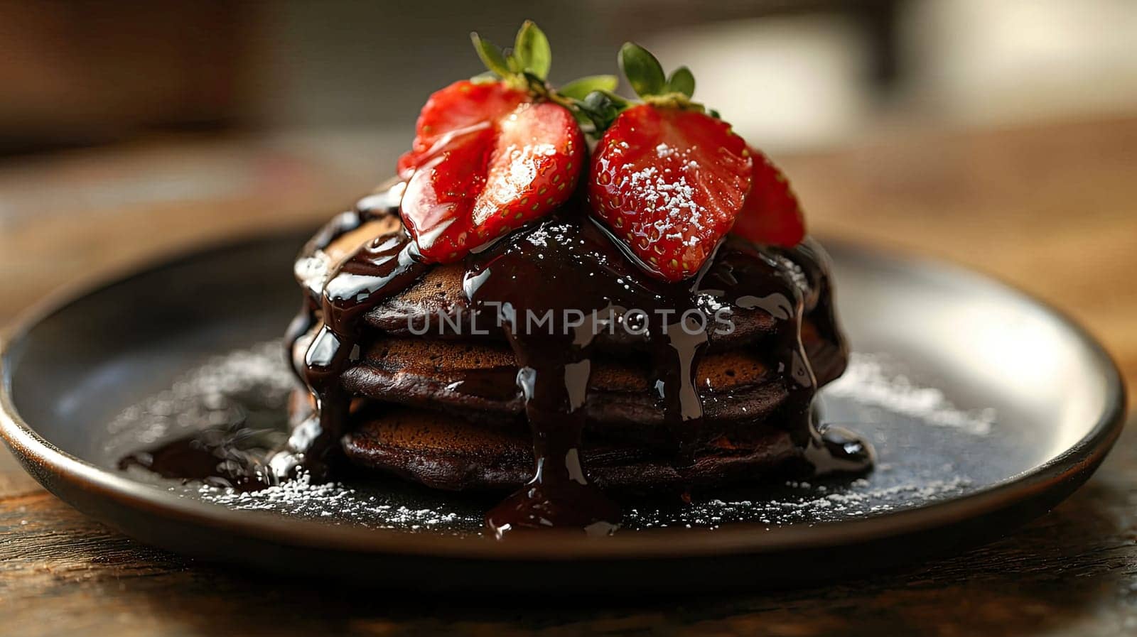 pancakes with chocolate and strawberries. selective focus.