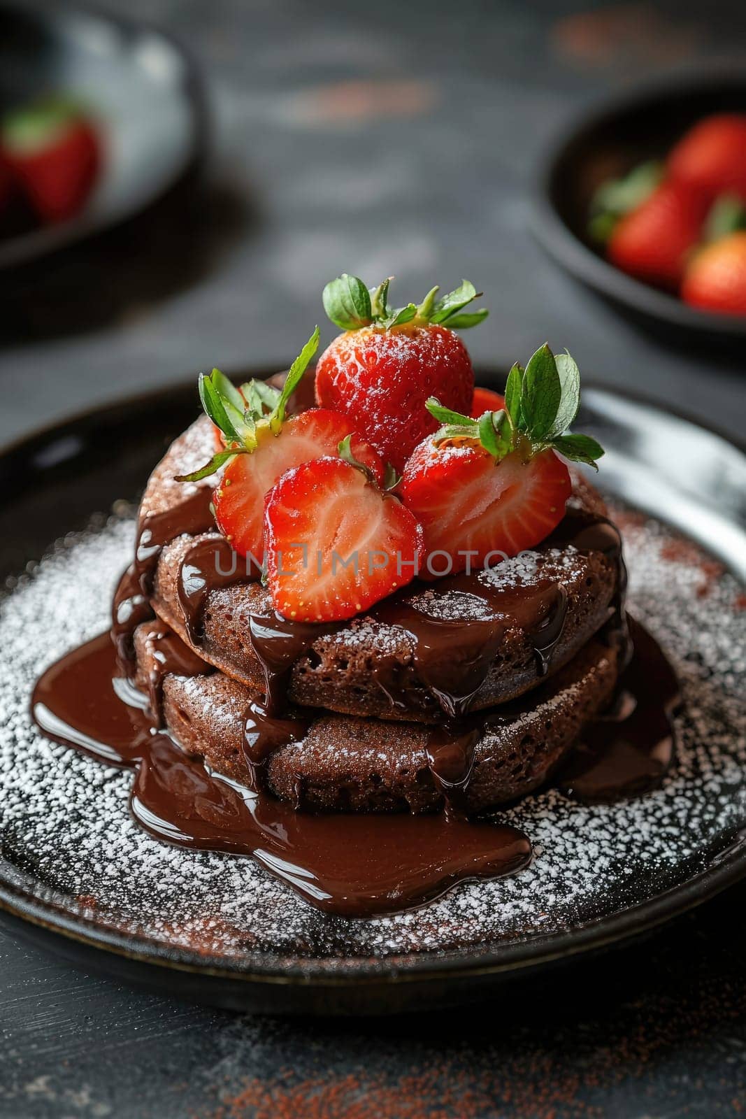 pancakes with chocolate and strawberries. selective focus.