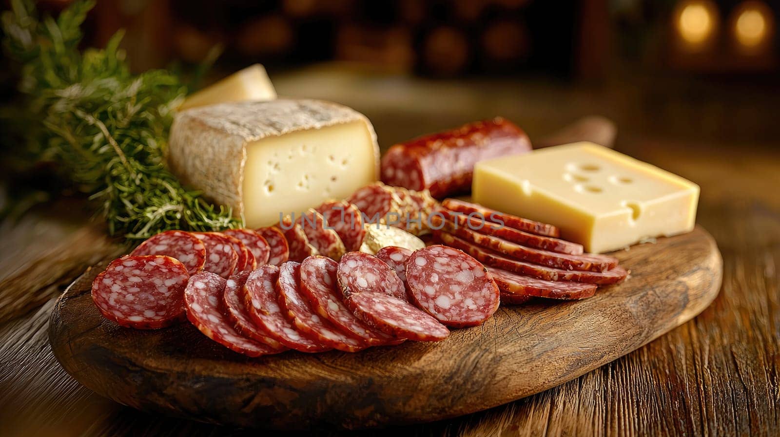 sausage and cheese slices on a board. selective focus.