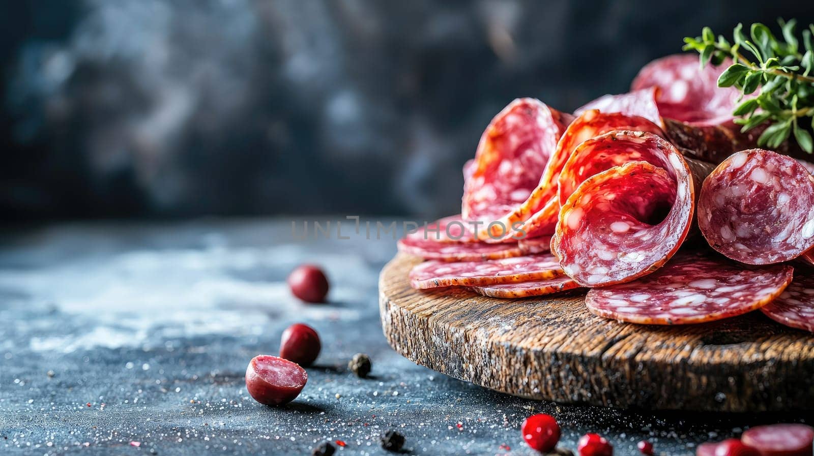 sausage and cheese slices on a board. selective focus.