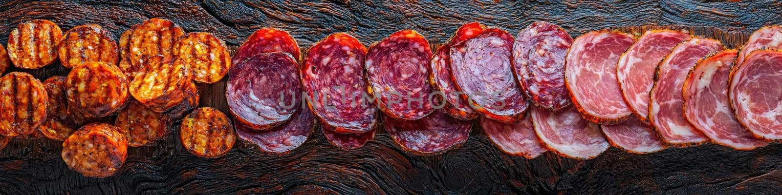 sausage and cheese slices on a board. selective focus.