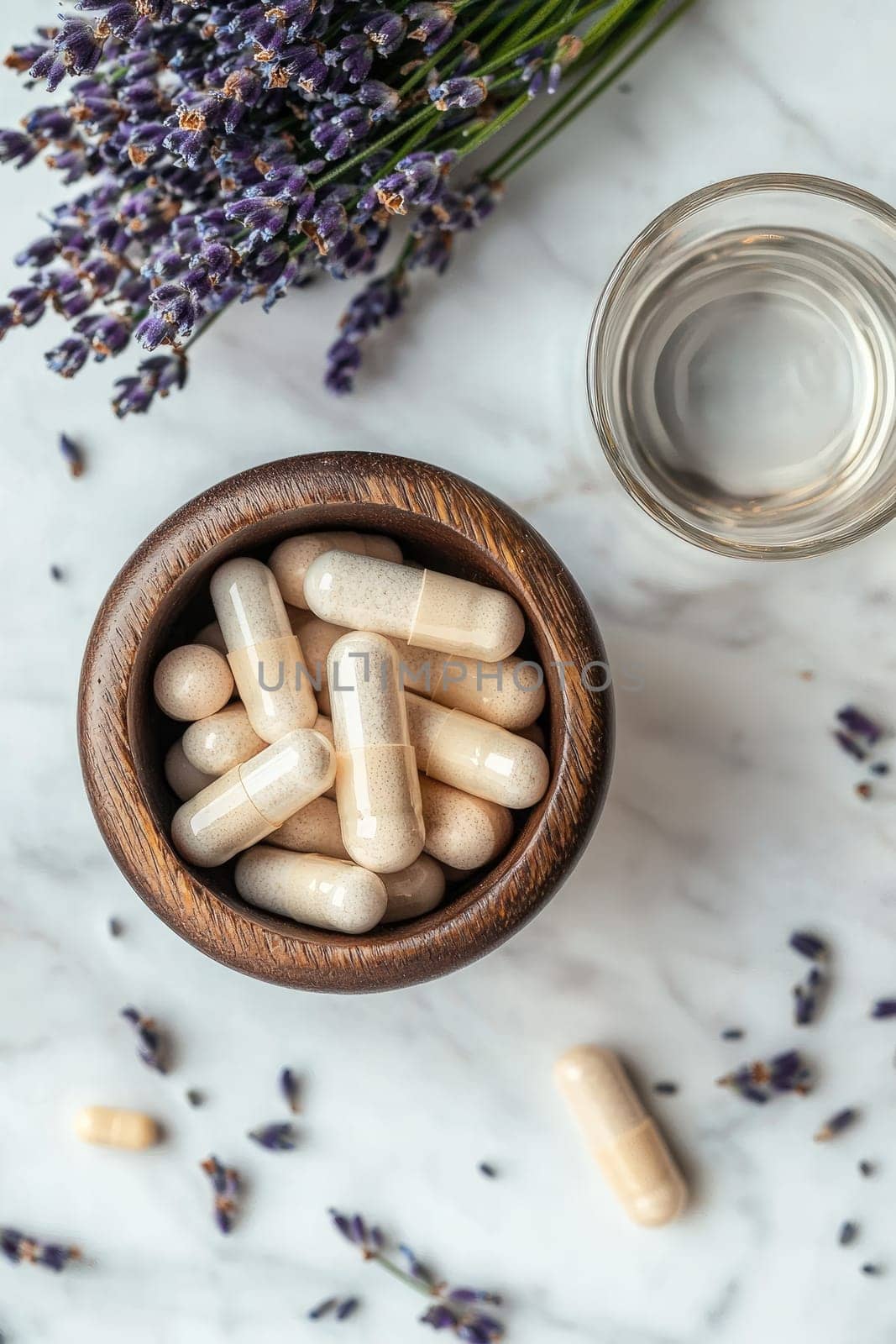 lavender pills and a glass of water. selective focus.