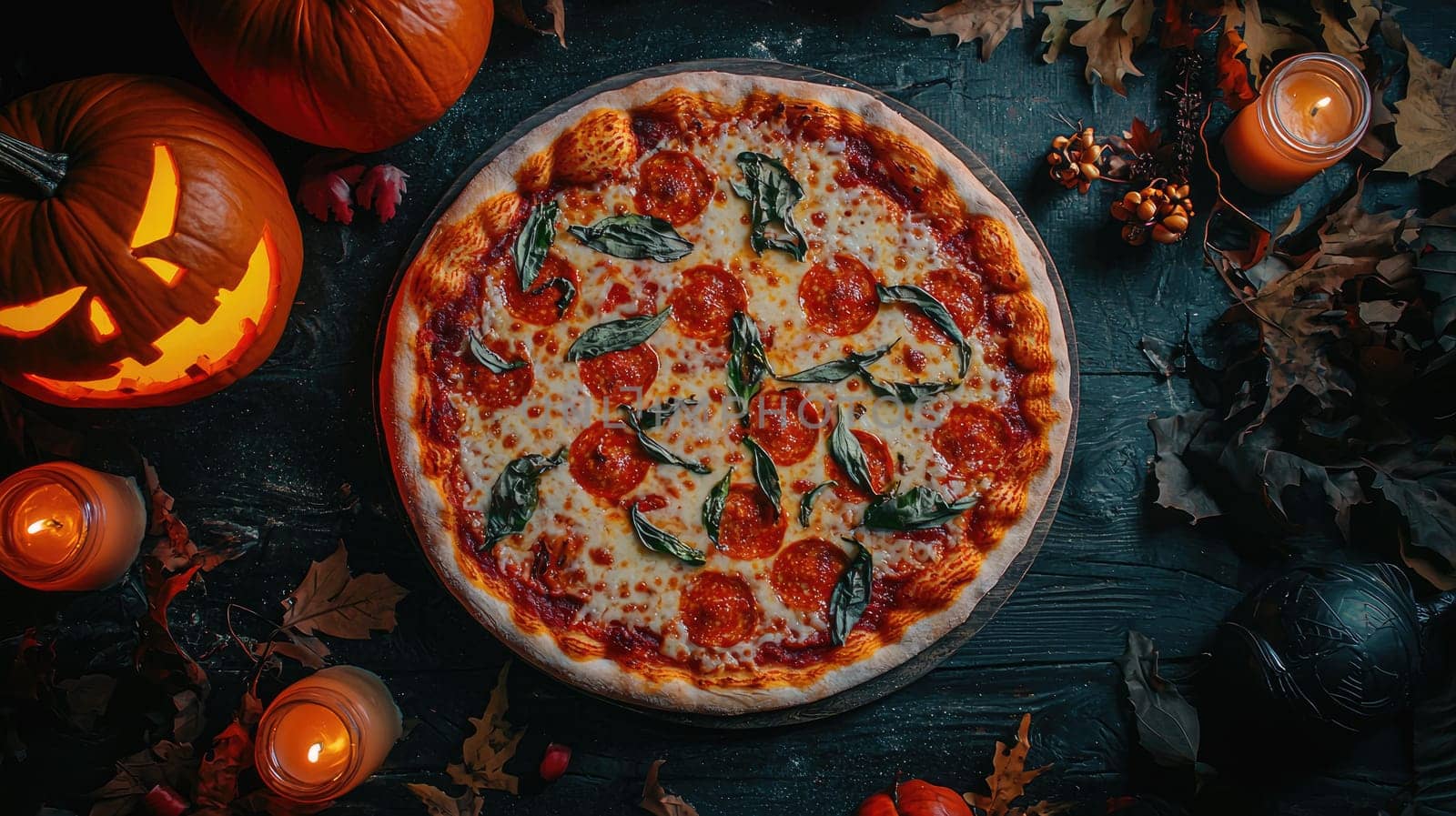 pizza on the table top view in halloween style. selective focus.