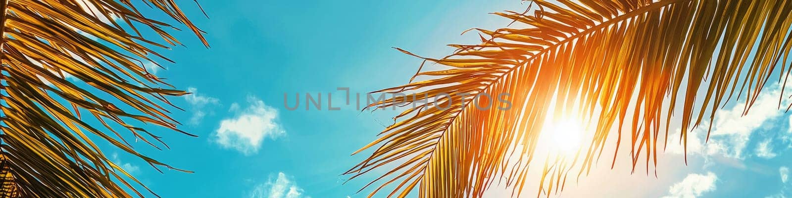 view of the sun through palm leaves. selective focus.