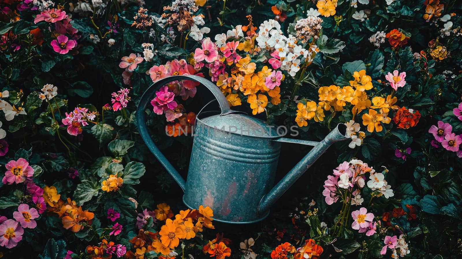 flower bed and watering can. selective focus.