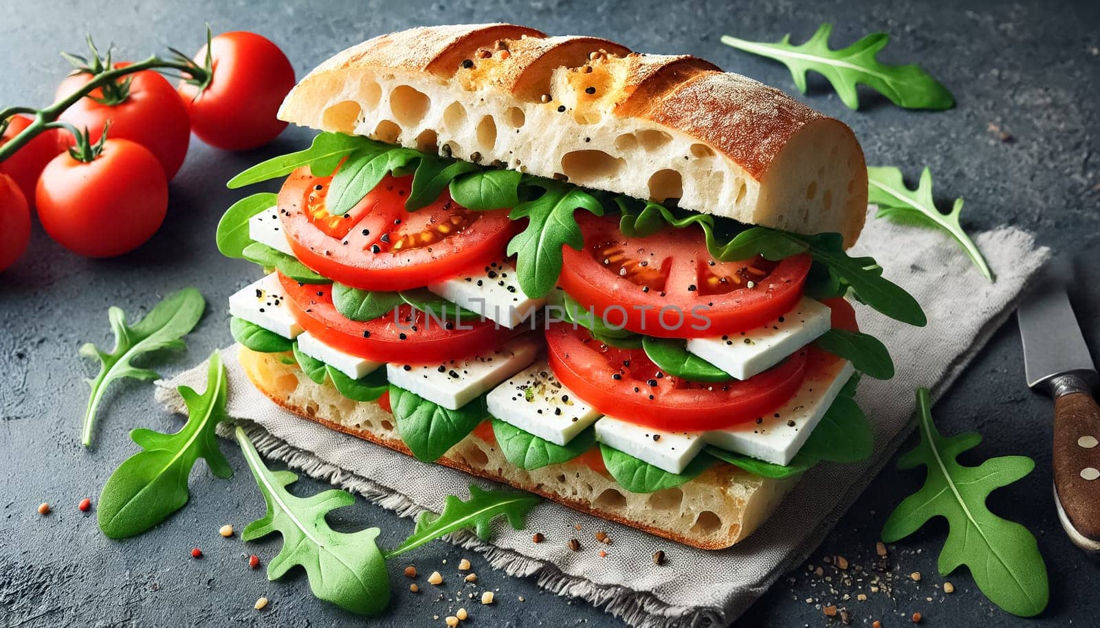 A beautifully crafted Caprese sandwich featuring ripe tomatoes, creamy mozzarella, and fresh arugula, layered on lightly toasted bread. The sandwich is presented on a white plate, garnished with vibrant basil leaves and surrounded by cherry tomatoes, creating a visually appealing and appetizing scene.