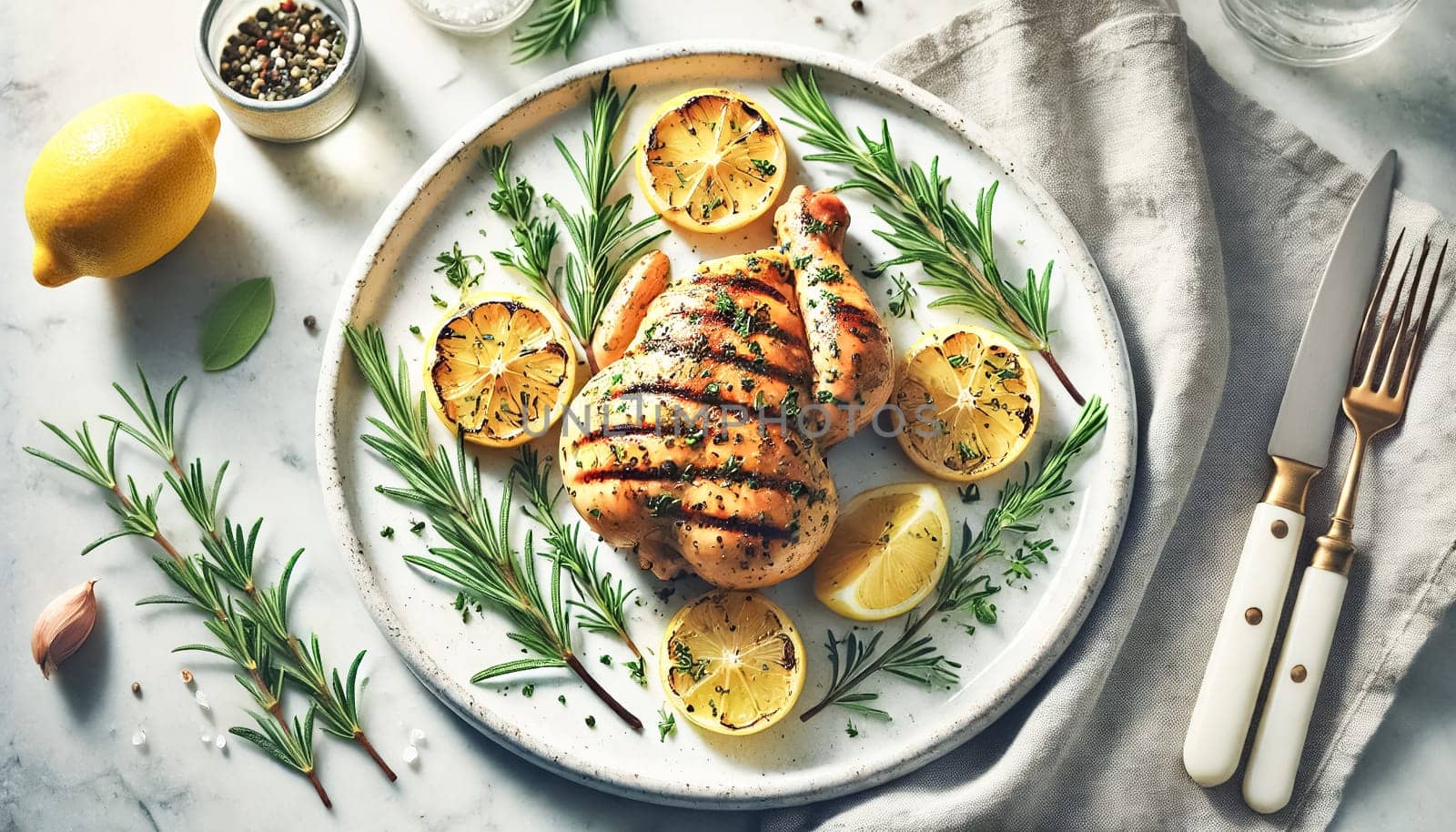 A close-up of a grilled lemon herb chicken breast, beautifully garnished with fresh rosemary sprigs and lemon slices. The dish is set on a white plate, with the juicy texture and grill marks highlighted by the bright natural light on a marble countertop.
