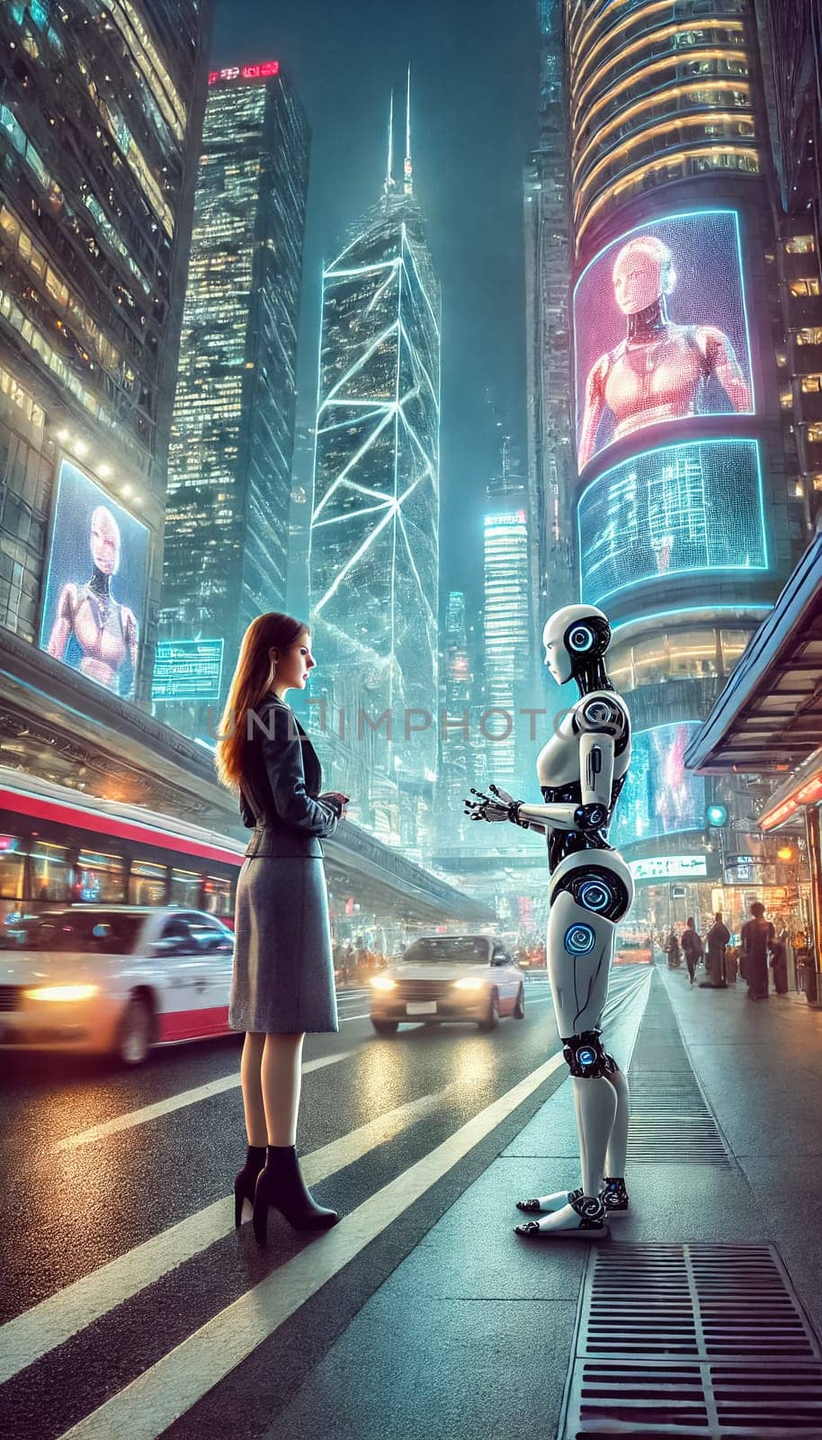 A woman and a humanoid robot stand at the edge of a bustling, futuristic street, surrounded by colorful neon signs and towering buildings. Flying vehicles zoom overhead as the bright city lights reflect off the robot's metallic surface, creating a dynamic, urban atmosphere of advanced technology.