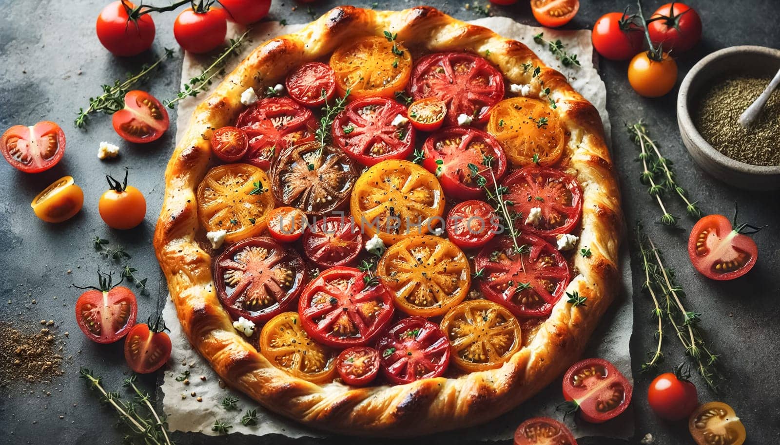 These images showcase a beautifully crafted puff pastry tart, topped with an array of vibrant heirloom and cherry tomatoes, roasted to perfection. Crumbled feta and fresh thyme add layers of flavor and texture to the golden, flaky crust.