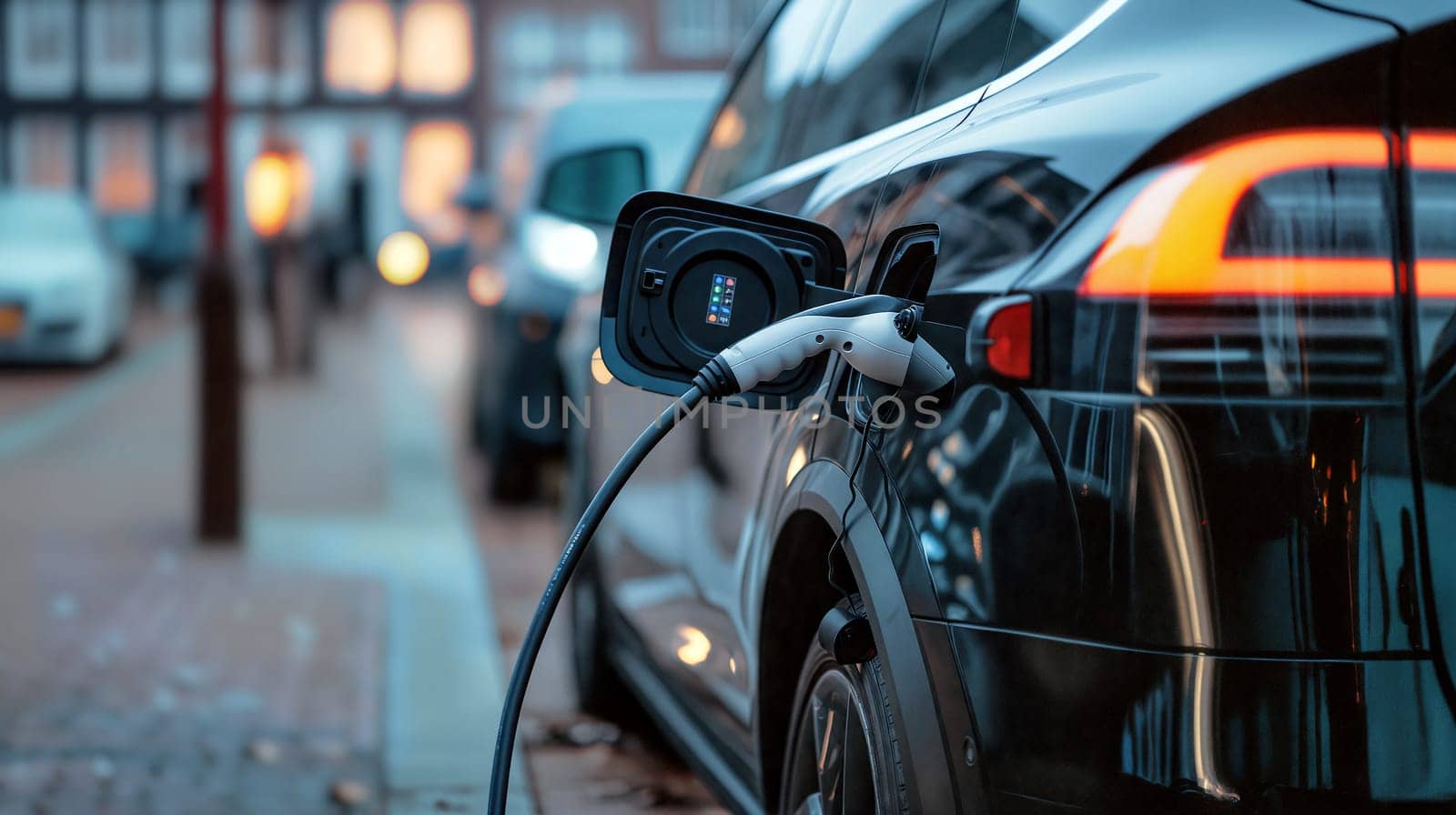 A sleek electric vehicle is connected to a charging station on a busy street, illuminated by evening lights, showcasing urban life and sustainability - Generative AI