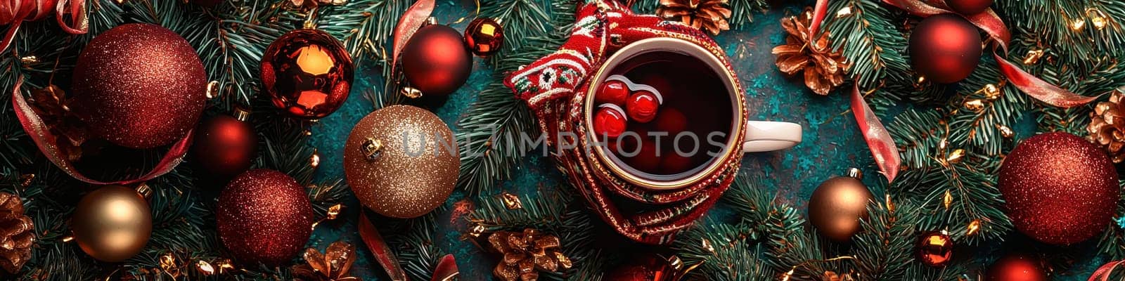 cup of mulled wine and scarf on the table. Selective focus.