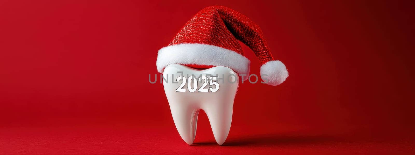 tooth in santa hat 2025. Selective focus.