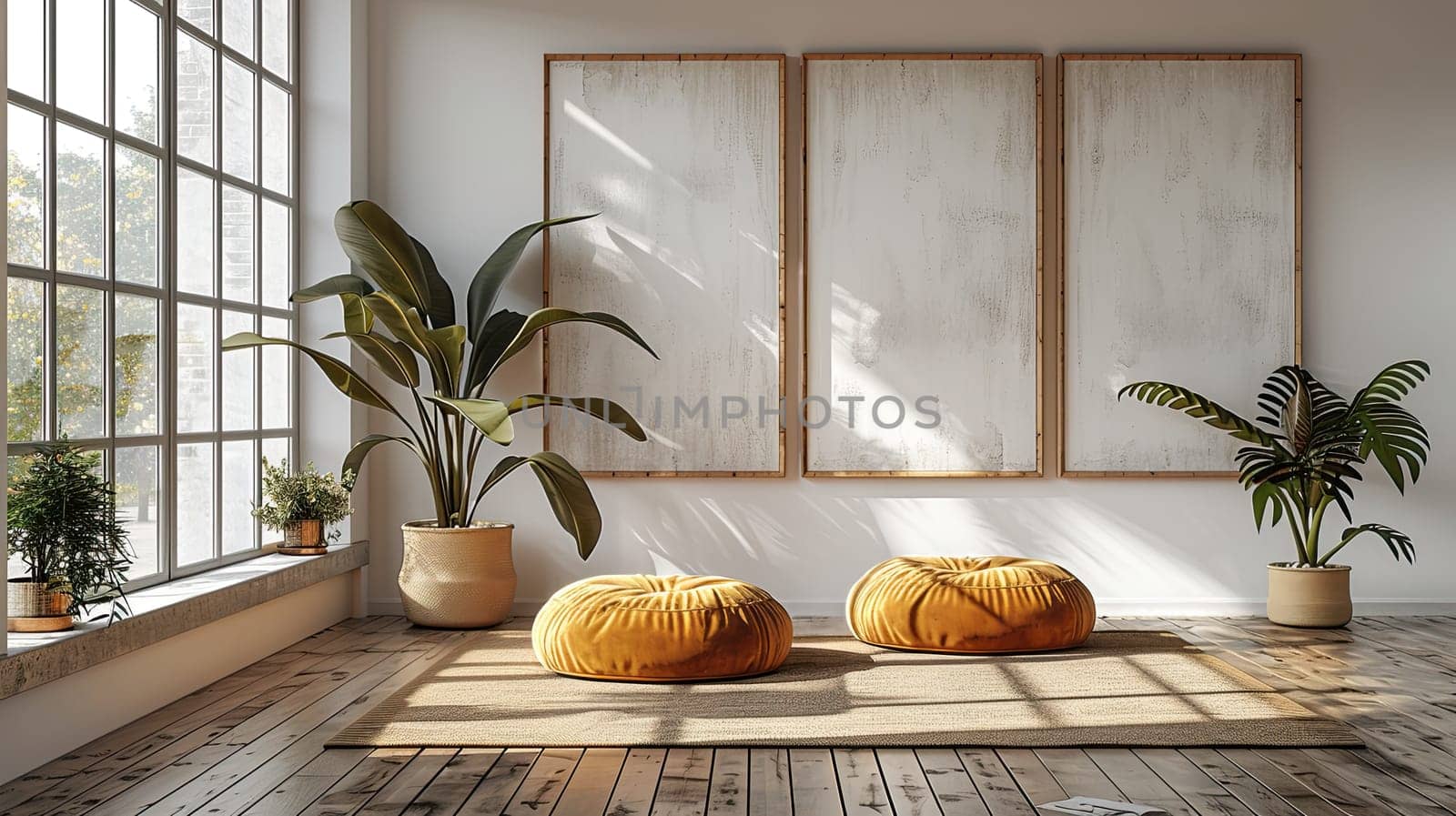 A bright room features two orange poufs on a wooden floor, bathed in natural daylight from large windows. Decorative plants add life and warmth to the serene space.