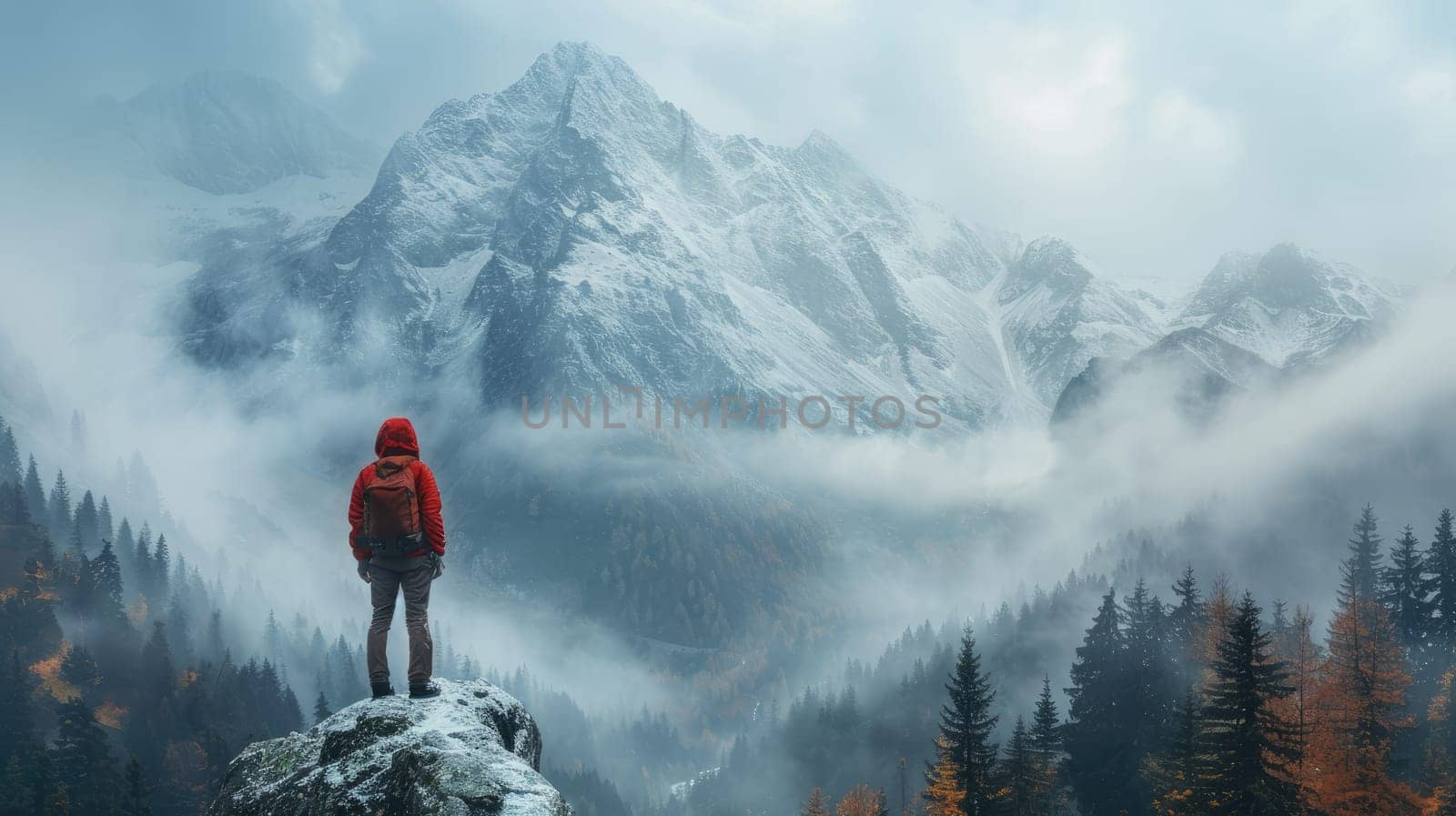 A person in a red jacket gazes out over a breathtaking mountain range shrouded in mist at dawn. The serene atmosphere features lush forests and snow-capped peaks.