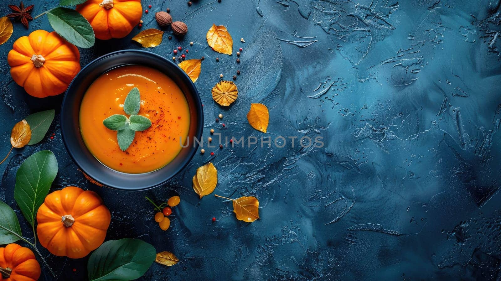 A bowl of vibrant pumpkin soup sits among scattered autumn leaves and mini pumpkins on a deep blue surface, evoking the essence of fall gatherings and harvest time.