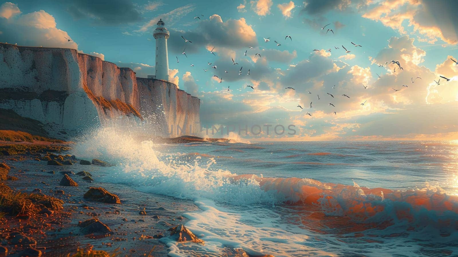 Golden hues fill the sky as the lighthouse stands tall against the cliffs. Waves crash onto the rocky shore while seagulls soar above, creating a peaceful coastal landscape.