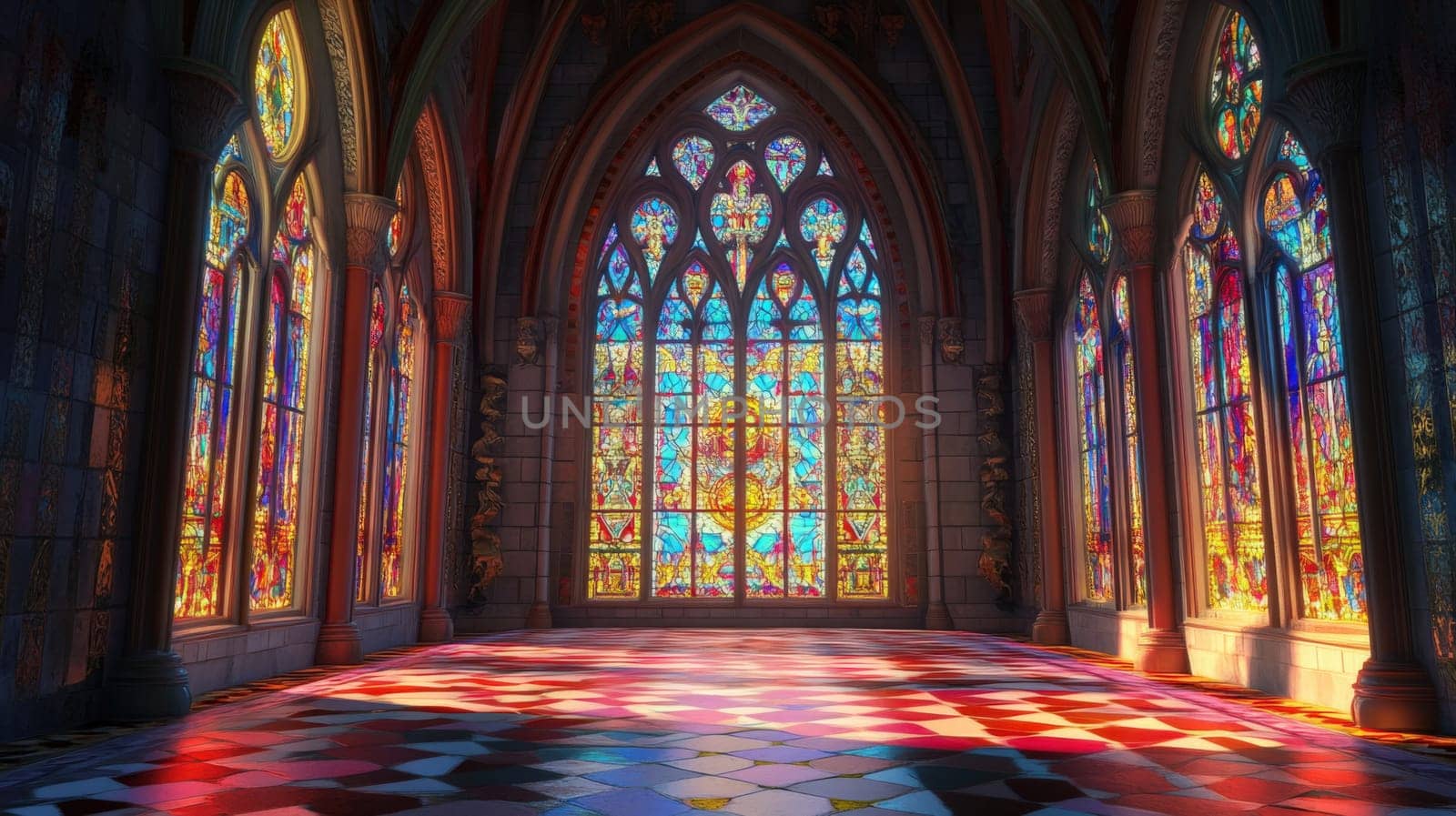 Colorful stained glass windows in a cathedral