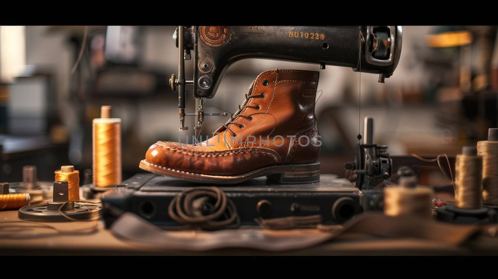 The background features shelves filled with tools, leather pieces, shoe molds, and spools of thread