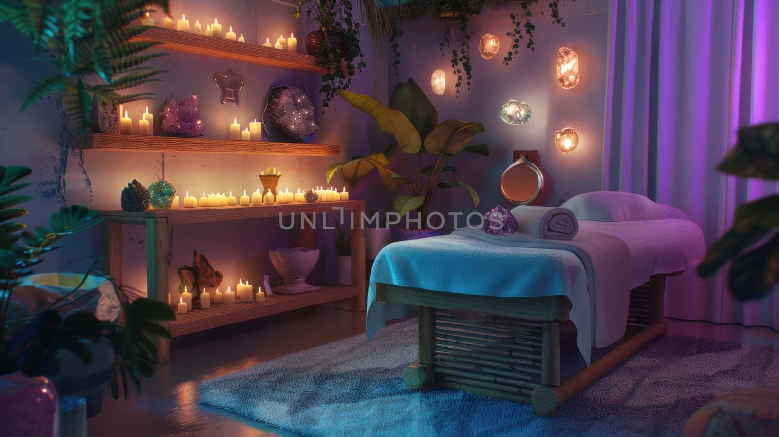 Serene and softly lit retreat room is adorned with crystals, candles, and soothing artwork