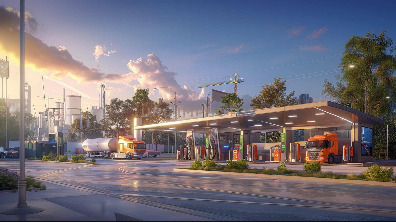 Scene of a hydrogen fuel cell station with vehicles refueling. The station features advanced technology for producing and dispensing hydrogen fuel