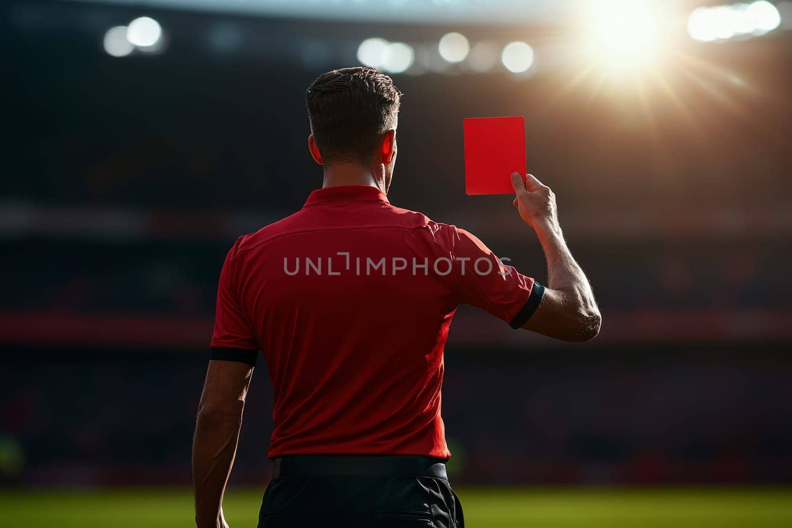 Referee showing a red card to a displeased football or soccer player while gaming. Concept of sport, rules violation, controversial issues, obstacles overcoming..