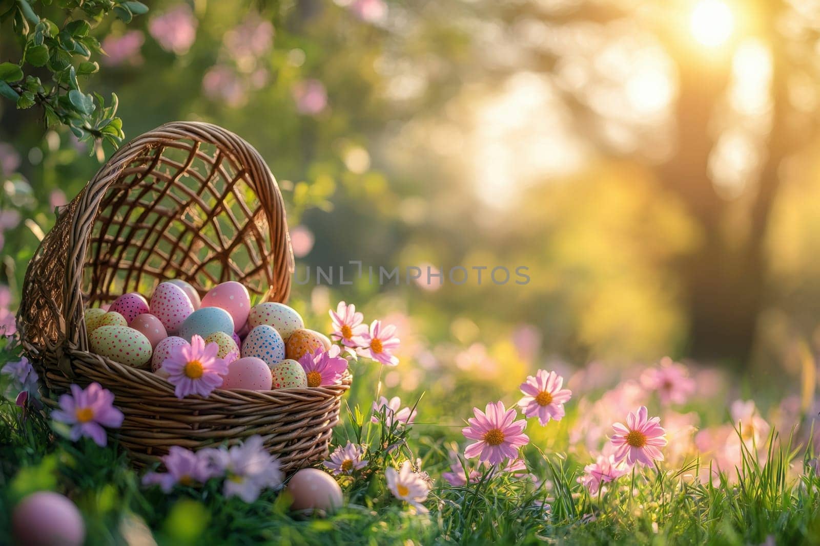 Easter Eggs Basket in spring meadow filled with blooming flowers..