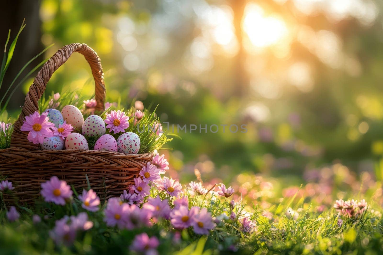 Easter Eggs Basket in spring meadow filled with blooming flowers..