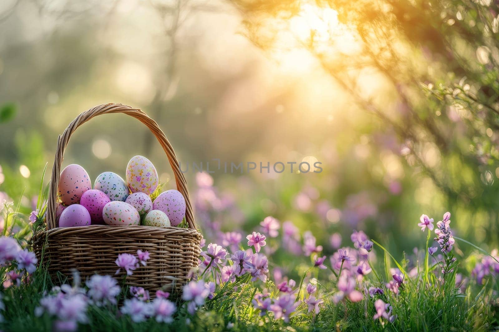 Easter Eggs Basket in spring meadow filled with blooming flowers..