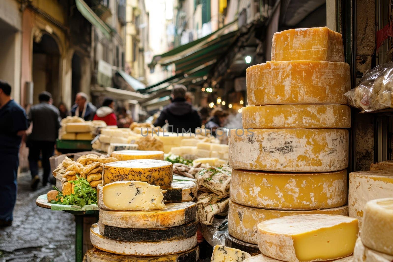 many large circular blocks stacked of Cheese on shop outdoor market ..