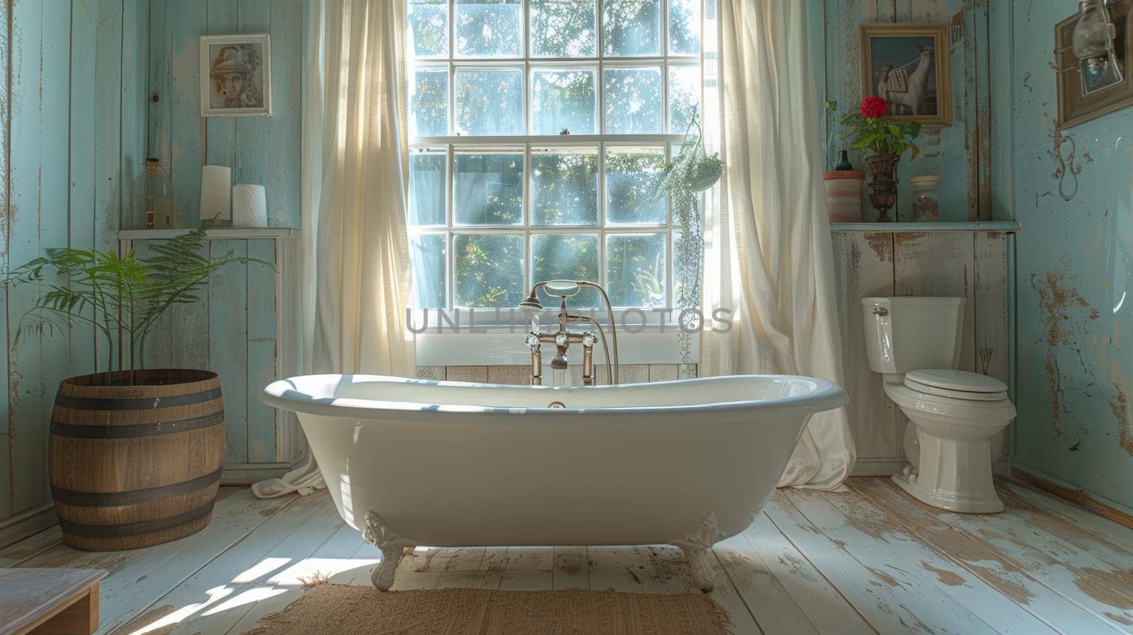 A quaint cottage bathroom featuring blue distressed wooden walls, a white clawfoot tub, natural light, and vintage decor, offering a serene and inviting atmosphere. shabby chic style bathroom